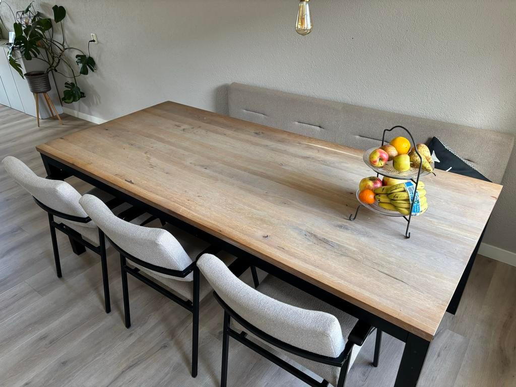 Bodilson eetkamerbank 195 cm en 3 stoelen, beige stof, zwart, Huis en Inrichting, Stoelen, Ophalen, Overige kleuren, Zo goed als nieuw