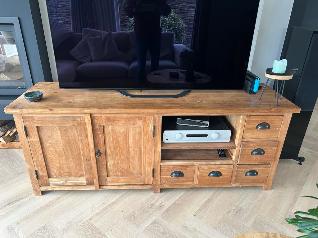 Teakhouten TV-meubel met Opbergruimte, Huis en Inrichting, Ophalen, Gebruikt, 150 tot 200 cm, Teakhout
