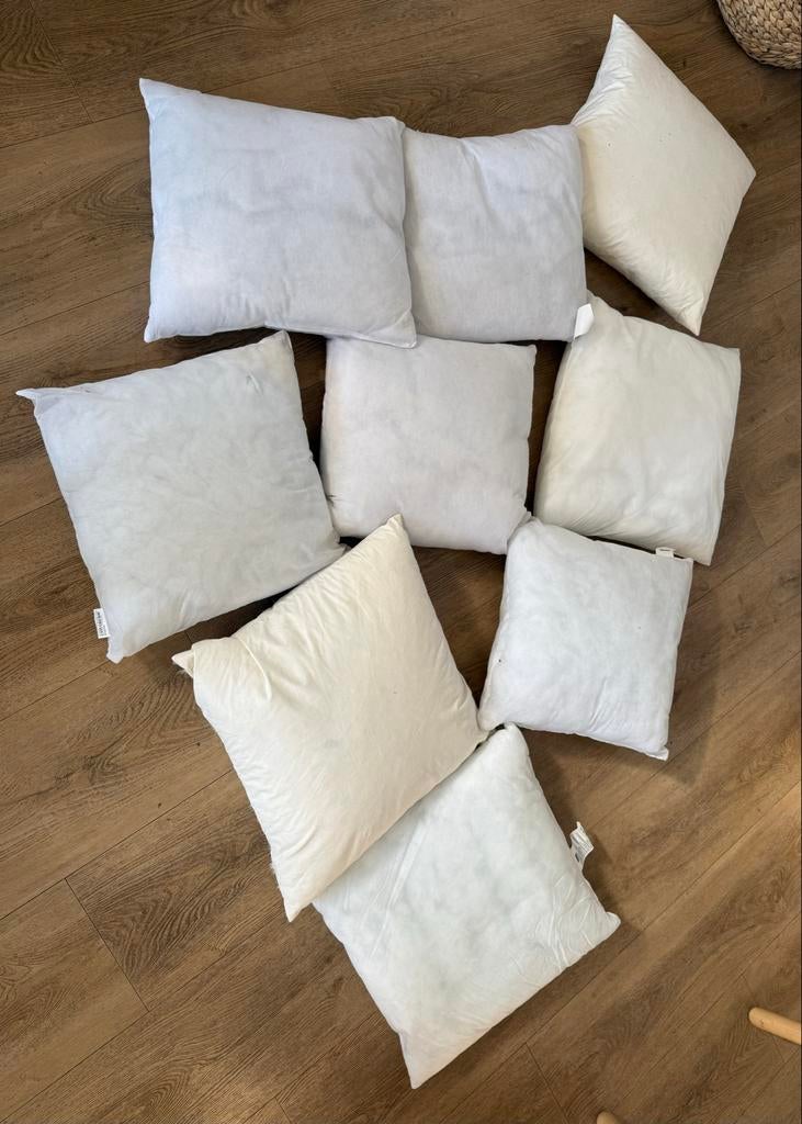 9 binnenkussens, diverse maten (o.a. HEMA), Huis en Inrichting, Woonaccessoires | Kussens, Ophalen, Gebruikt, Wit, Vierkant