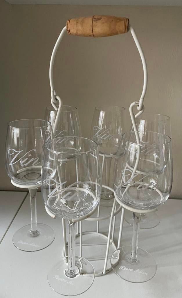 6 Riviéra Maison wijnglazen met een draagrek, Ophalen, Minder dan 5 flessen, Minder dan 50 cm, Glas