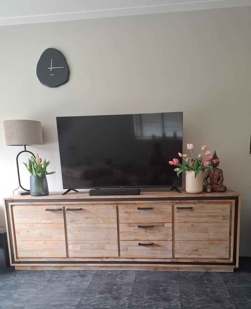 Beige bruin hout tv dressoir lades deur van bommel was 1299!, Ophalen of Verzenden, Zo goed als nieuw, 200 cm of meer, 25 tot 50 cm