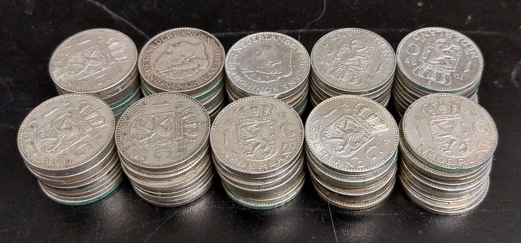 Partijtje van 100 zilveren guldens Juliana 1954-1967, Postzegels en Munten, Munten | Nederland, Ophalen of Verzenden, Koningin Juliana