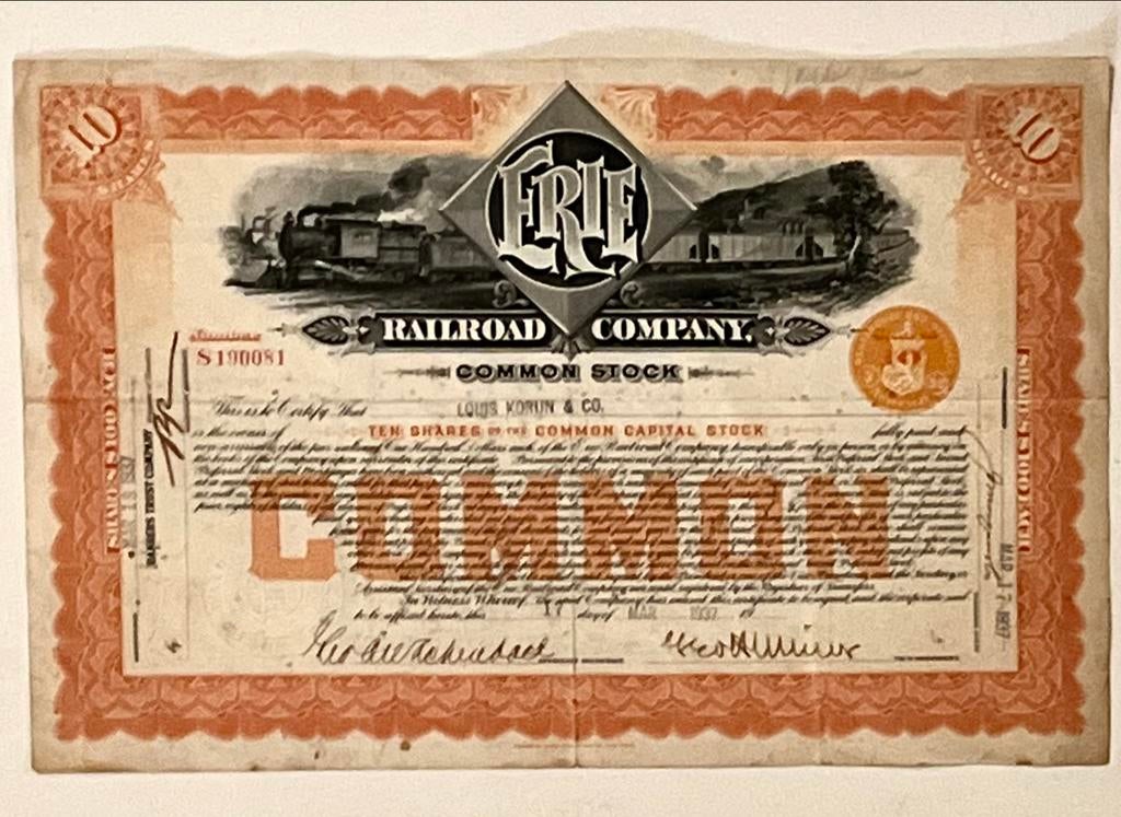 Aandeel ERIE Railroad Company USA 1937, Verzenden, 1920 tot 1950, Aandeel