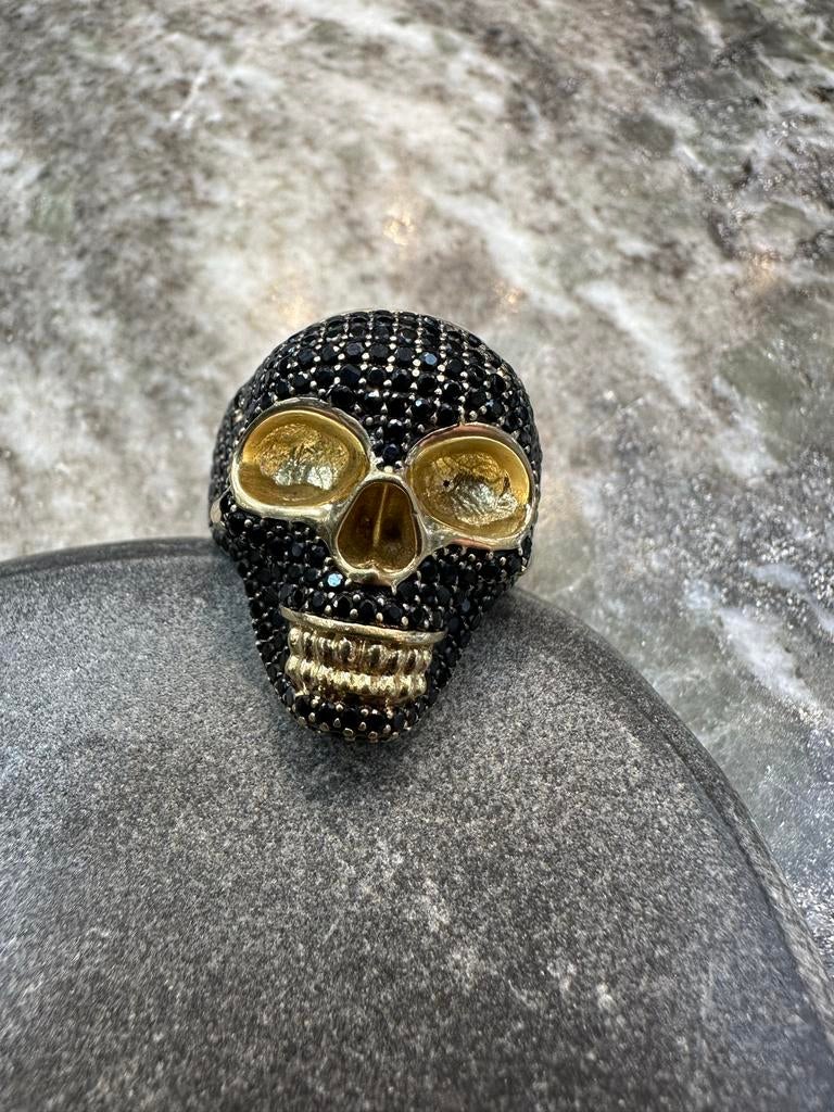 14k Gouden Doodshoofd Ring met Onyx Zwarte Zirkonia, 18 tot 19, Ophalen of Verzenden, Zo goed als nieuw, Dame of Heer