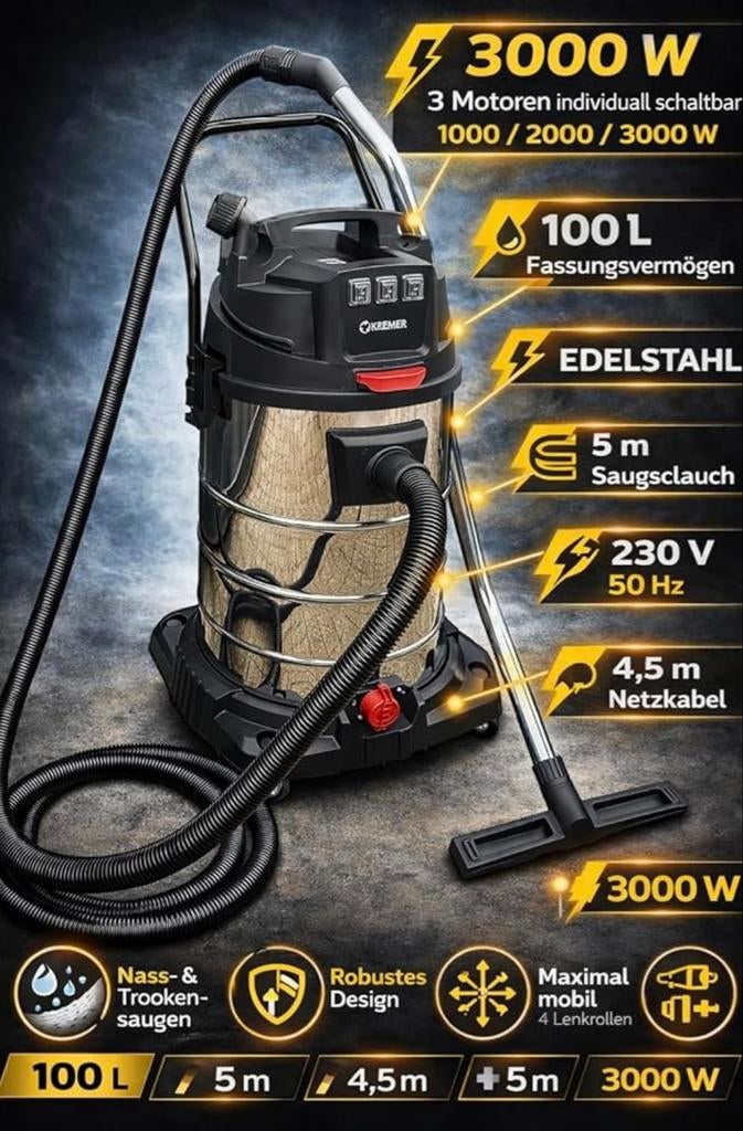 Industriële Stofzuiger 3000W 100L RVS Nat/Droog, Stofzuiger, Nieuw, Ophalen of Verzenden, 2000 watt of meer