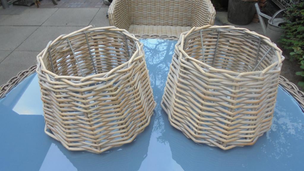 2 rieten lampenkappen, doorsnee 21-27H18cm staande lamp, Gebruikt, Bruin, Rond, Ophalen of Verzenden