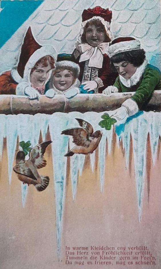 Vogeltjes voeren- Klavertjes vier- Sneeuw, Verzenden, Voor 1920, Ongelopen, Kinderen