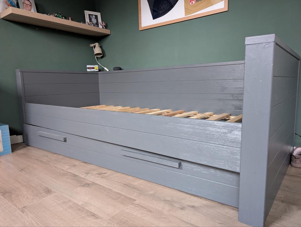 Woood bed Dennis met lade, grijs, 90 cm, Eenpersoons, Ophalen of Verzenden, Zo goed als nieuw