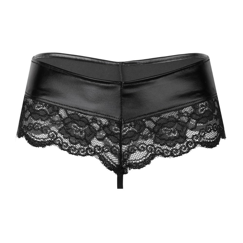 Zwarte kanten leren dames string / slip sexy doorzichtige, Verzenden, Zwart, String