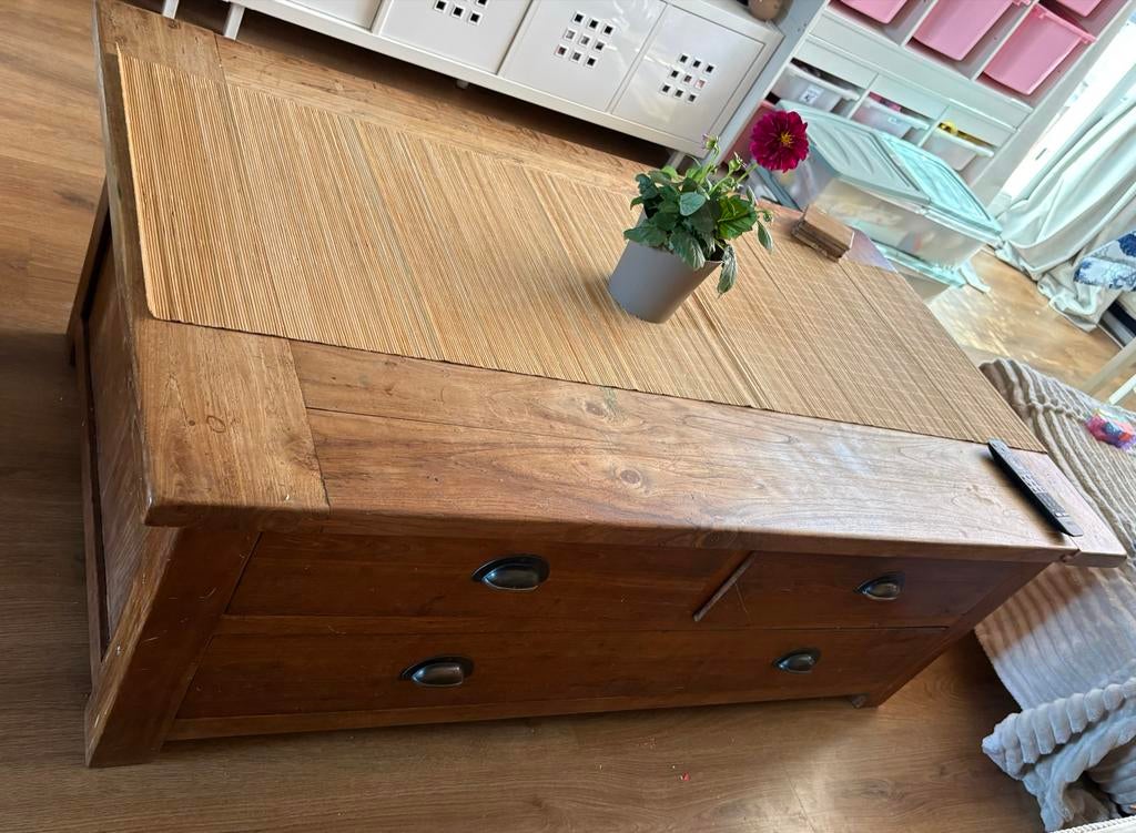Massieve teakhouten salontafel met lades, Ophalen, Gebruikt, 100 tot 150 cm, 50 tot 75 cm