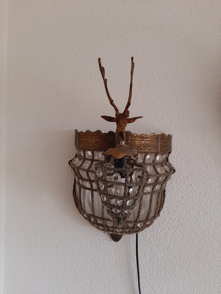 Brocante wandlamp met hertenkop, Huis en Inrichting, Lampen | Wandlampen, Ophalen of Verzenden