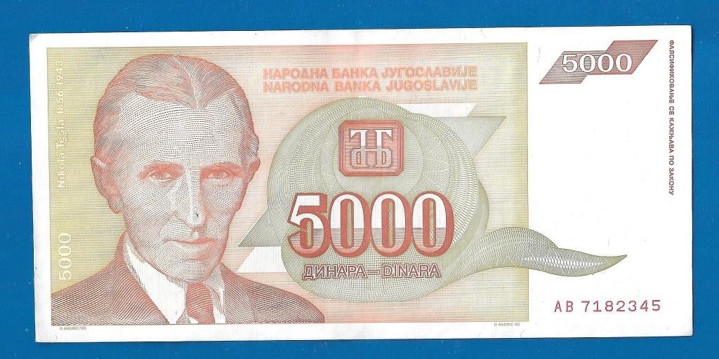 Joegoslavië biljet 5000 Dinara -1993, Verzenden, Joegoslavië, Los biljet