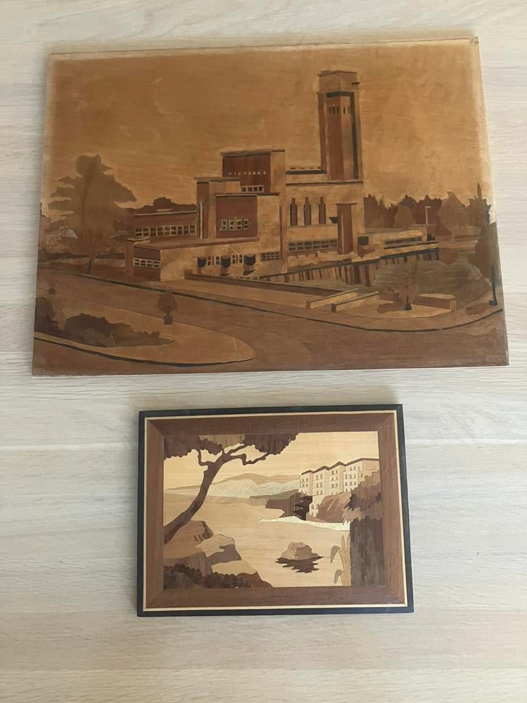 Twee schilderijen Marqueterie raadhuis Hilversum, landschap, Ophalen of Verzenden