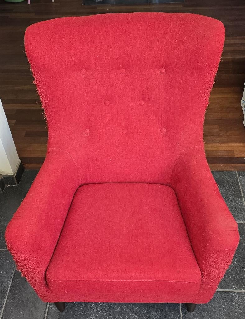 Fauteuil, diep, "oren", beklede rug, rood, opnw. stofferen, Ophalen, Gebruikt, Minder dan 75 cm, 75 tot 100 cm
