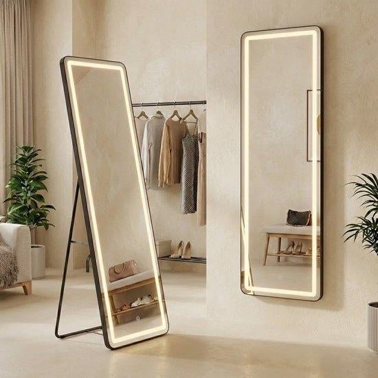 Staande Spiegel Zwart 150x40 cm LED Dimbaar - 3 Lichtkleuren, Huis en Inrichting, Woonaccessoires | Spiegels, Zo goed als nieuw