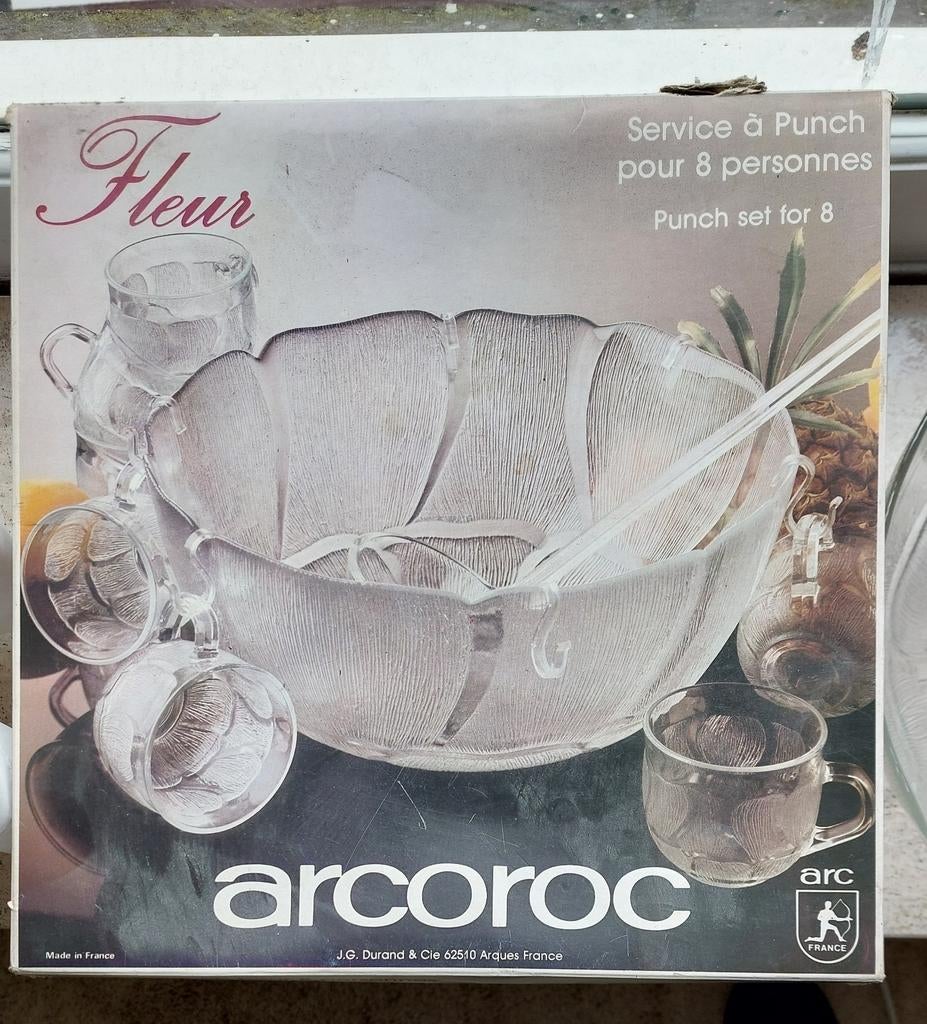 Arcoroc Fleur Punch Set: Schaal, 6 Glazen, 8 Haakjes, Lepel, Ophalen of Verzenden, Rond, Glas