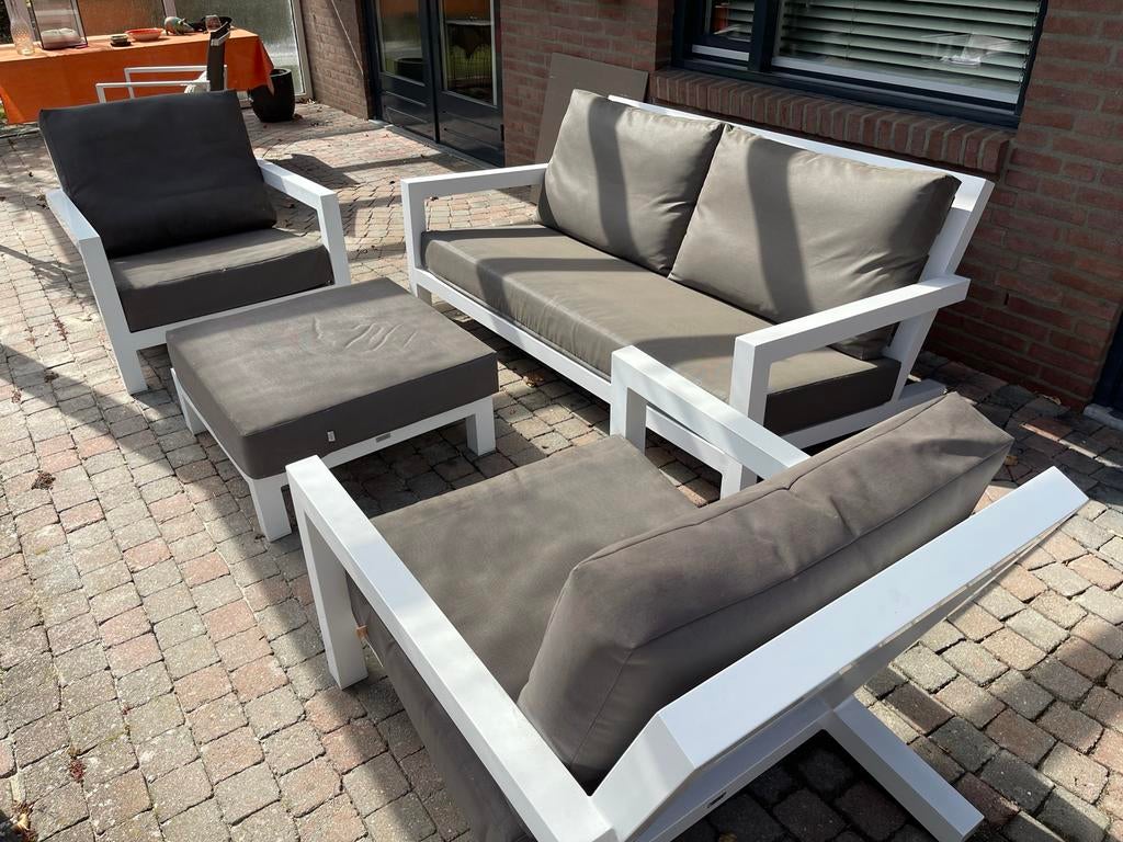 Life Loungeset Aluminium met Taupe Kussens + Hocker, Ophalen, 4 zitplaatsen, Bank, Aluminium