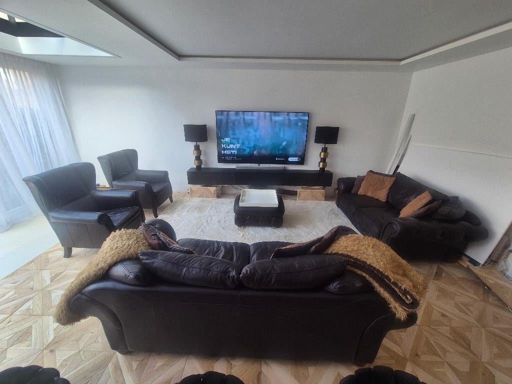 Leren lounge bankstel met fauteuils Riviere Maison, Ophalen, Riviera Maison / Rofra / lounge / leer, Zo goed als nieuw, Rechte bank