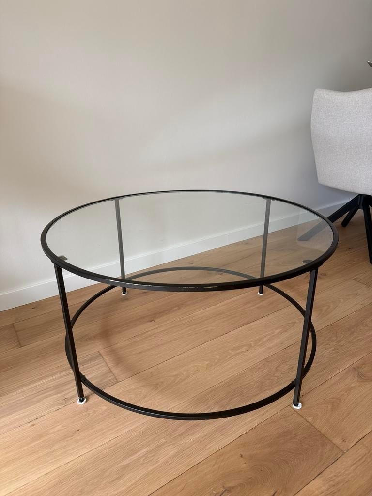Salontafel rond, metaal met glas, Ophalen, Gebruikt, Rond, 50 tot 100 cm