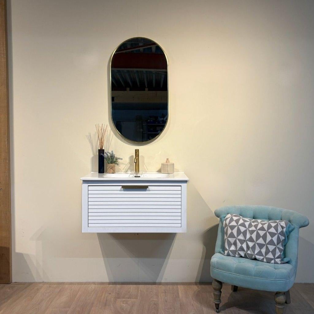 Badkamerkast 80 cm – Vurenhout Wit – Keramische Wastafel, Zo goed als nieuw, Minder dan 100 cm, Wasbak of Wastafel, 25 tot 50 cm