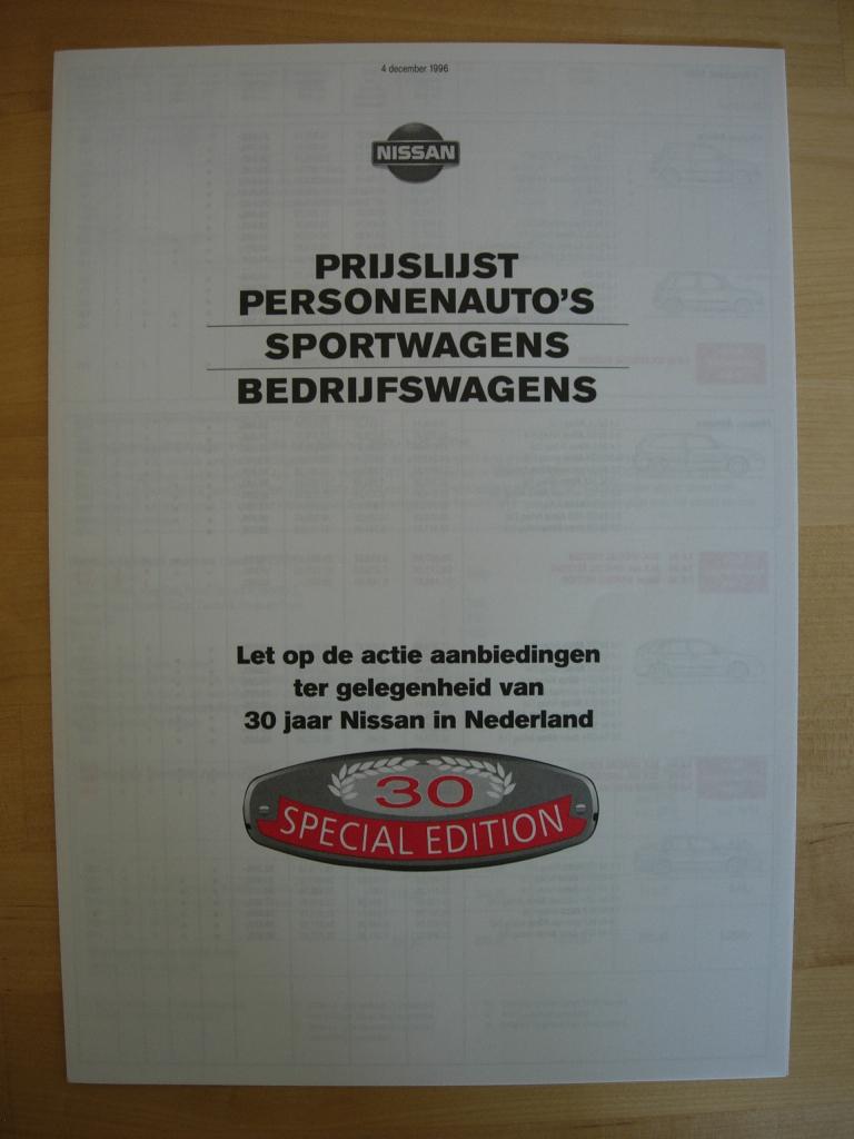 Nissan Prijslijst Brochure 1996 – 200SX Patrol Terrano Micra, Nissan, Ophalen of Verzenden, Zo goed als nieuw, Nissan