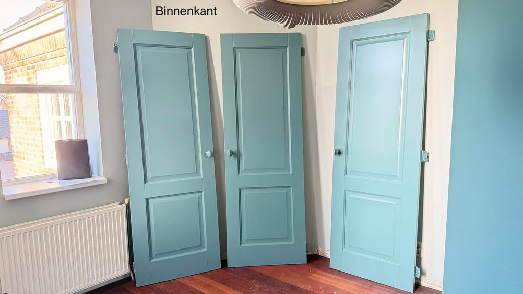 Groene gebruikte kast-/binnendeuren 3 stuks , 211x73x4 cm, Ophalen, Gebruikt, Minder dan 80 cm, Binnendeur