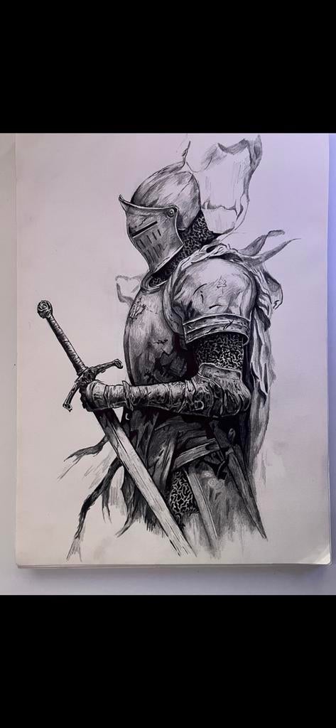 Handgetekende Ridder met Zwaard - Ingelijst Potloodwerk, Ophalen of Verzenden