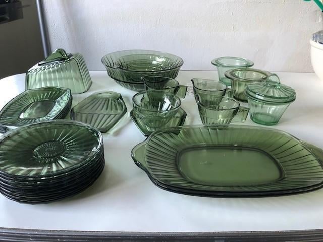 Hollandia vintage persglas servies groen 1930 Copier Leerdam, Overige typen, Ophalen of Verzenden, Overige stijlen, Glas