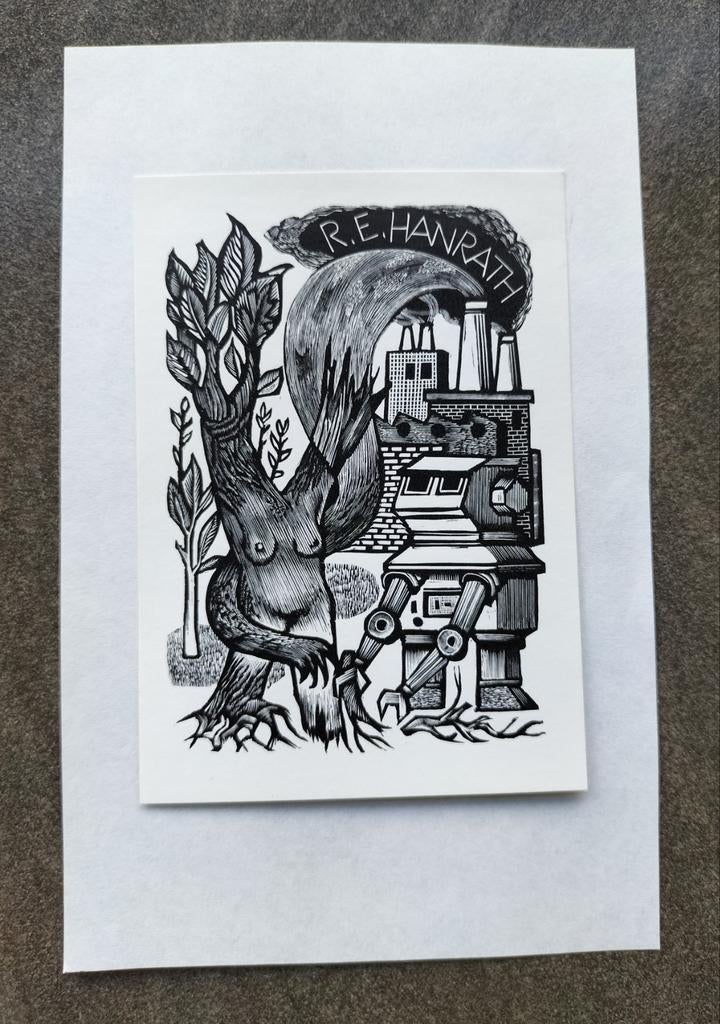 Exlibris R.E. Hanrath - Surrealistisch (Lou Strik, 1978), Antiek en Kunst, Ophalen of Verzenden