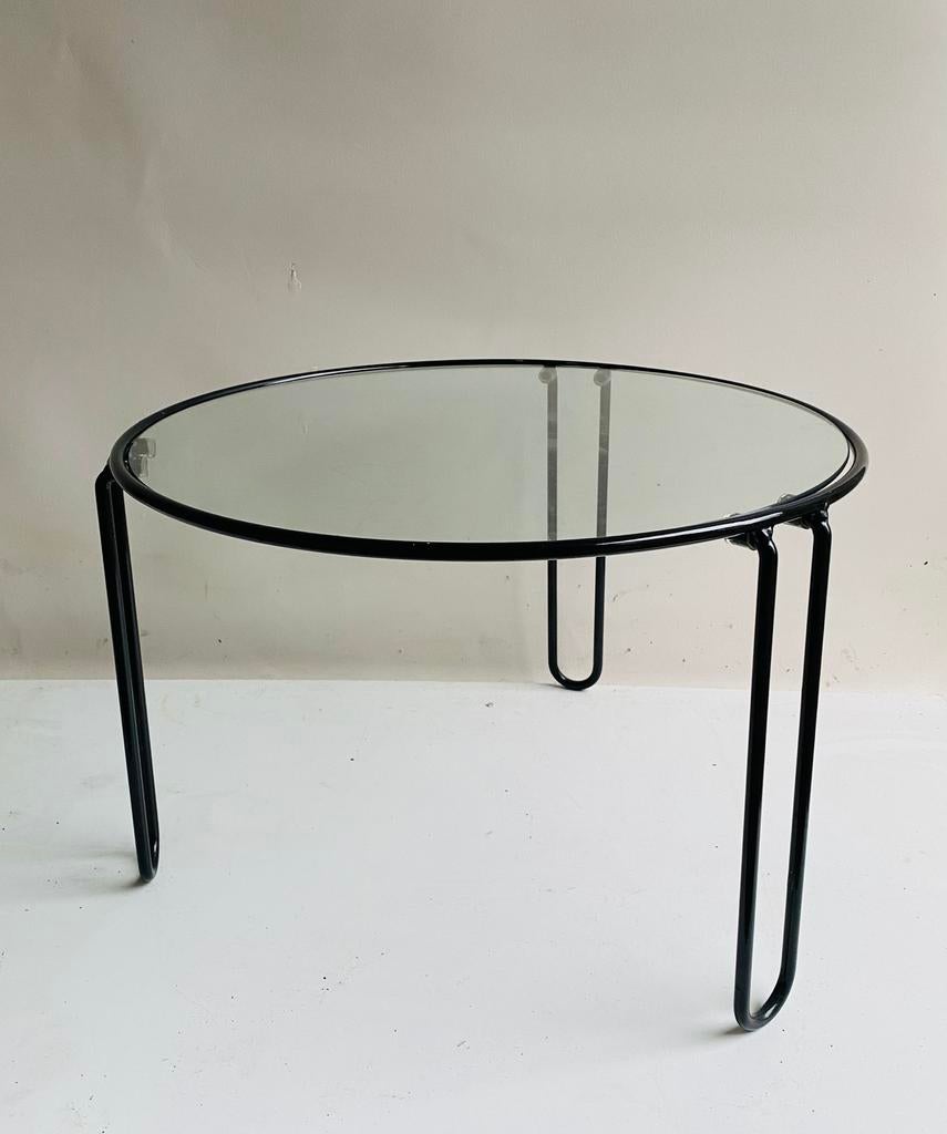Jaren 80 ronde koffietafel met glazen blad en hairpin poten, Ophalen, Huis en Inrichting
