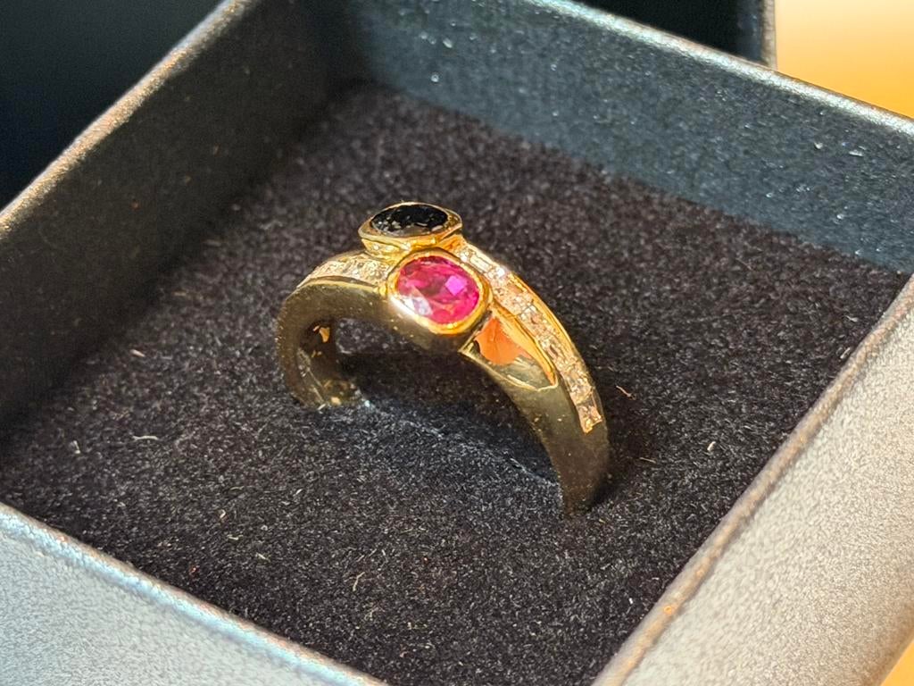 18K gouden ring met natuurlijke diamanten, saffier, robijn!, 19 tot 20, Ophalen of Verzenden, Met edelsteen, Dame