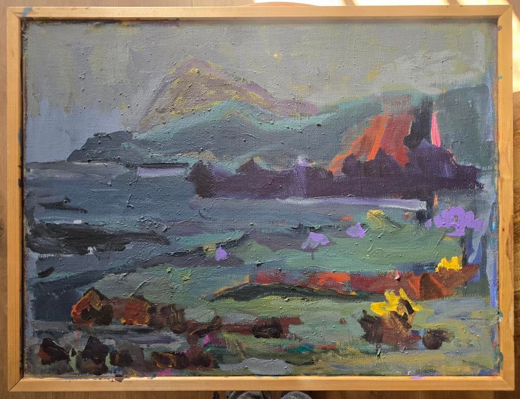 Groot schilderij P.C. Kuiper - Landschap met lijst, Antiek en Kunst, Kunst | Schilderijen | Modern, Ophalen of Verzenden