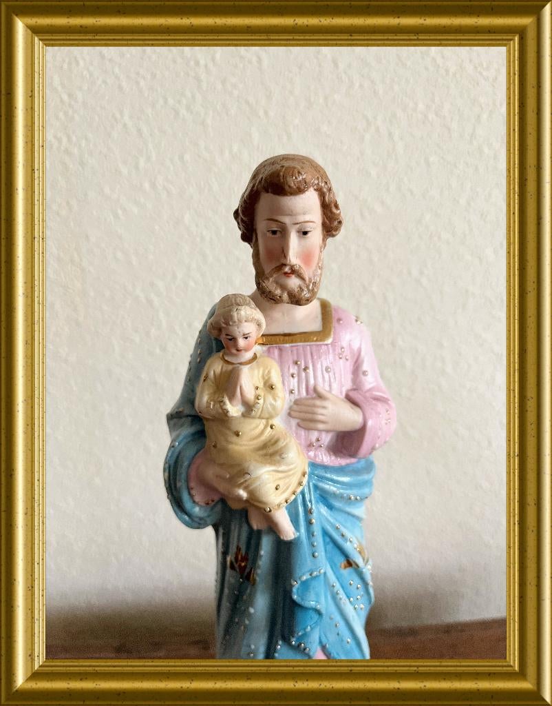Antiek biscuit porseleinen Jozef met kind beeld, Ophalen of Verzenden