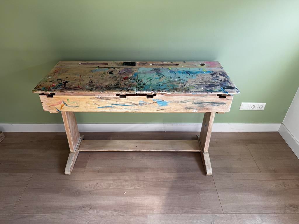 Vintage houten schoolbureau met klep, Ophalen, Gebruikt, 50 tot 100 cm, 100 tot 150 cm