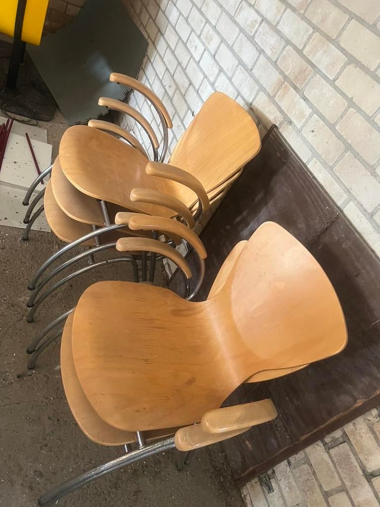 Houten stoelen met metalen onderstel, Huis en Inrichting, Stoelen, Ophalen, Gebruikt, Overige kleuren, Vijf, Zes of meer stoelen