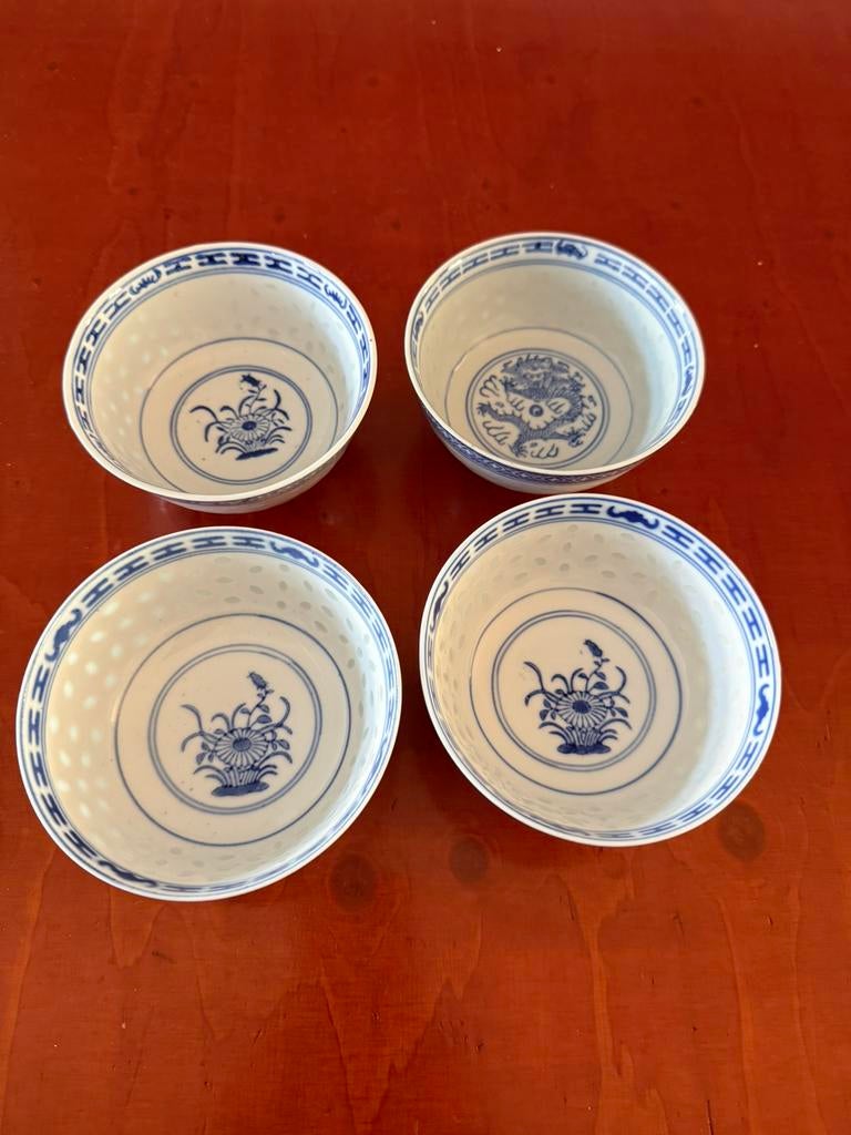 4 Chinese soepkommen rijstkorrelmotief 11cm, Ophalen of Verzenden
