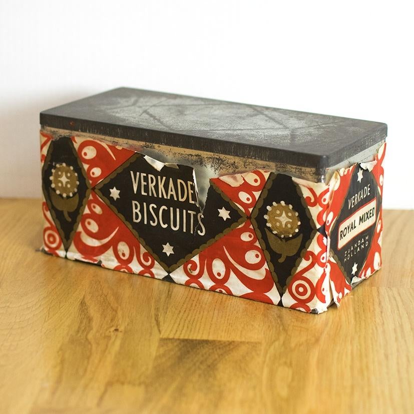 Vintage koekblik Verkade met papier Verkade's Biscuits, Ophalen of Verzenden, Gebruikt, Koek(jes), Verkade