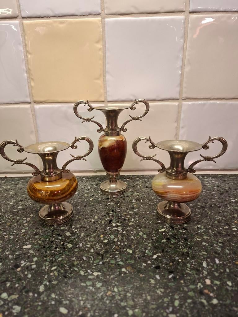Set van 3 vintage onyx vaasjes met zilveren accenten, Ophalen of Verzenden