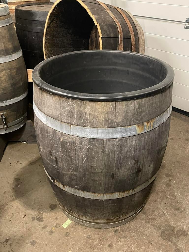 Hoge eiken bloembak rond met binnenbak van wijnvat, Tuin en Terras, Bloembakken en Plantenbakken, Nieuw, Hout, Tuin, 60 cm of meer