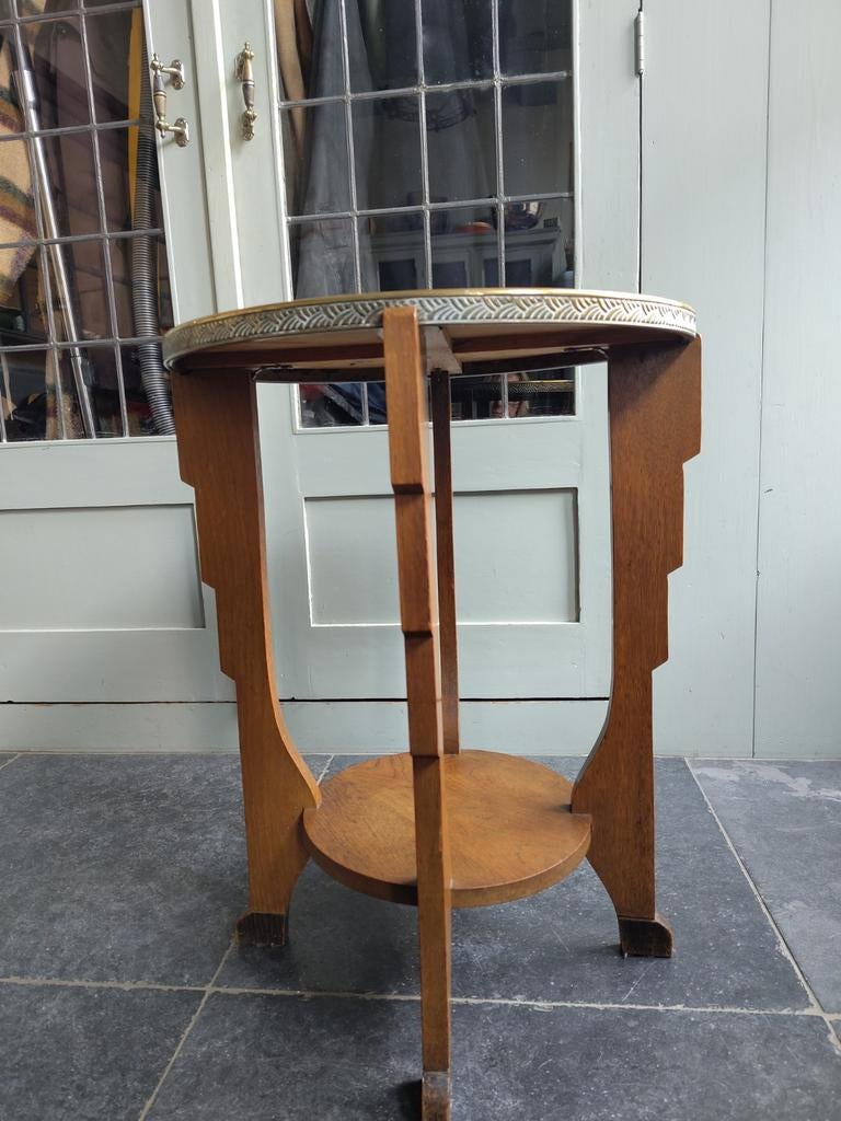 Rooktafel met messing blad, Amsterdamse School, Huis en Inrichting, Tafels | Bijzettafels, Gebruikt, Rond, 60 cm of meer, Minder dan 55 cm