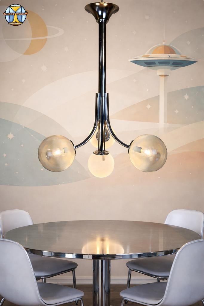 Vintage Space Age Chroom en Murano Glas Italiaanse Hanglamp, ., Ophalen of Verzenden, Zo goed als nieuw, 75 cm of meer