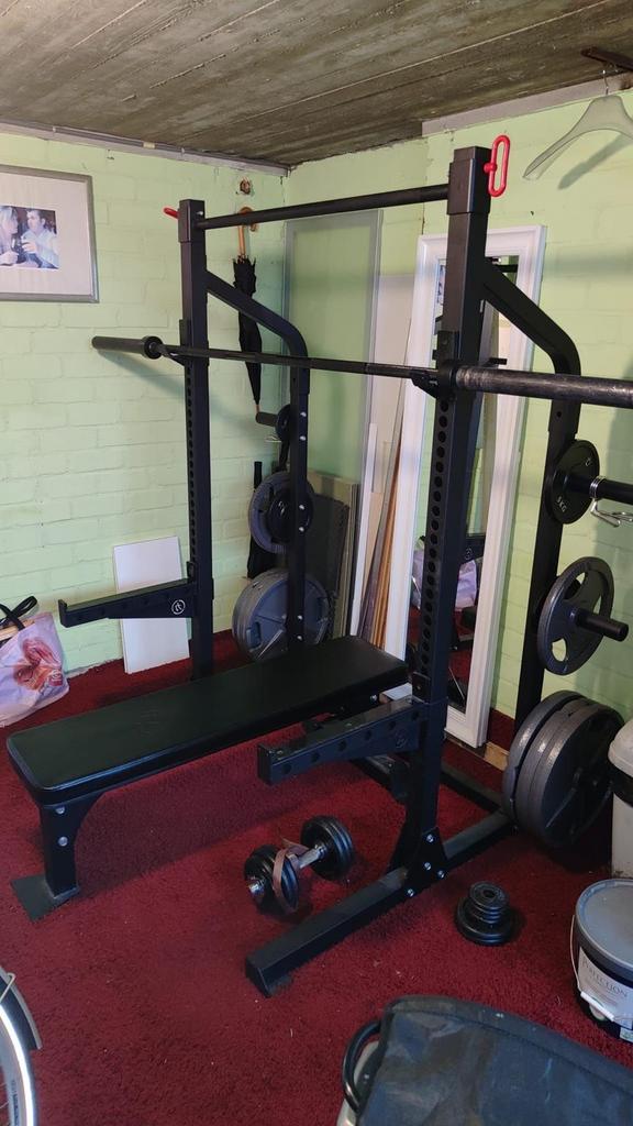 Homegym rack, bank, stang en gewichten, Ophalen, Gebruikt, Krachtstation, Armen