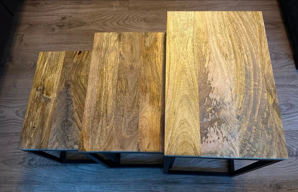 Set van 3 houten salontafeltjes - Zo goed als nieuw!, Ophalen, Minder dan 55 cm, Zo goed als nieuw, Rechthoekig