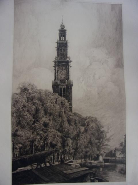 Jansen, J.- Prinsengracht met de Westertoren Ets ca. 1920, Ophalen of Verzenden