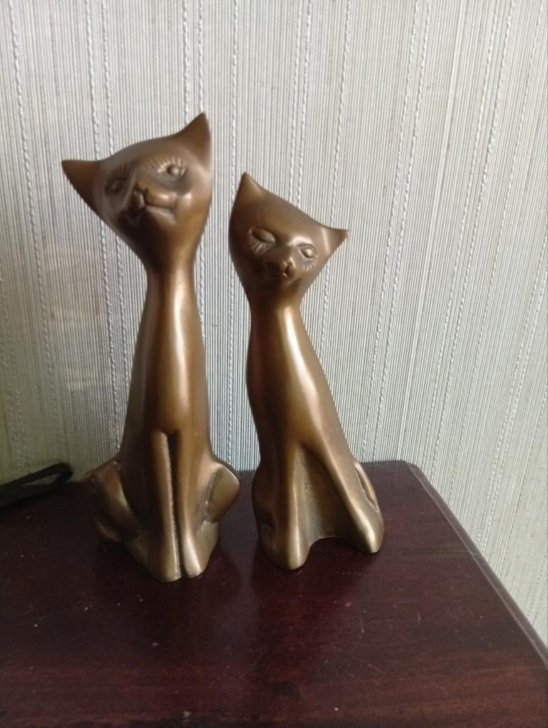 Vintage messing kattenbeeldjes - set van 2, Ophalen of Verzenden
