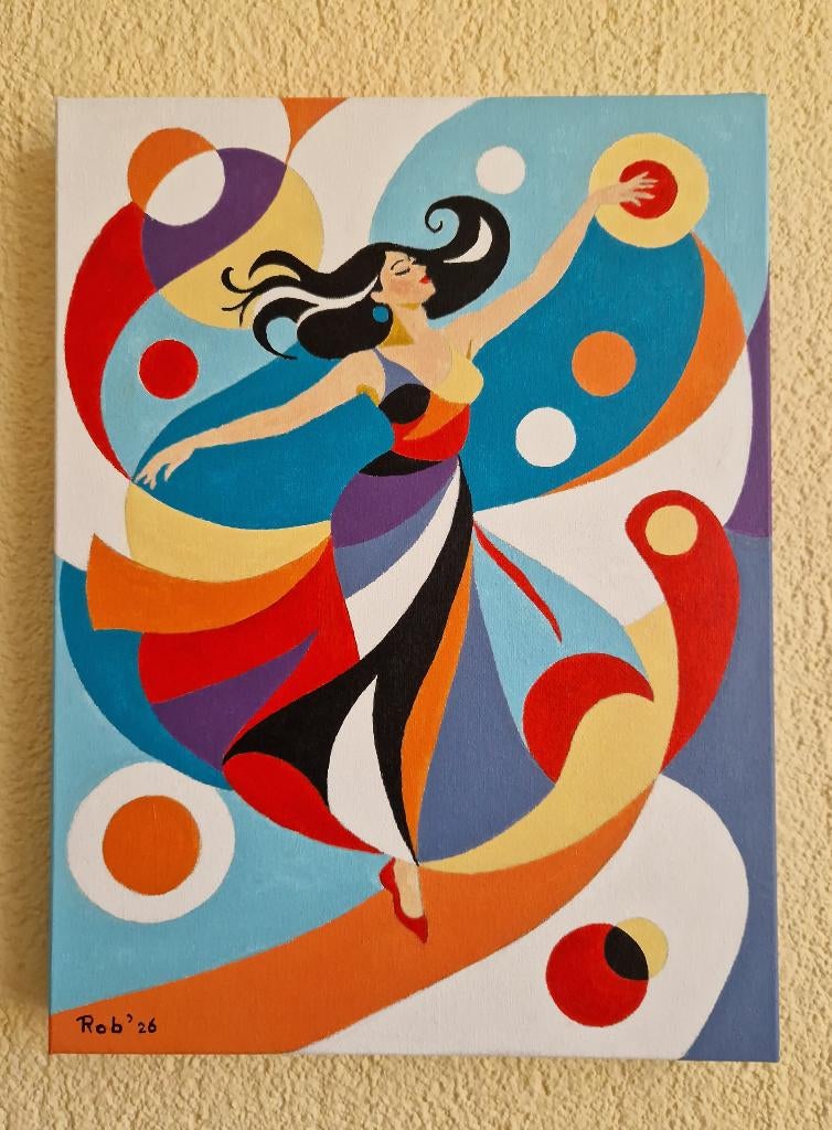 dansende vrouw, zelf geschilderd op doek met acryl, Ophalen