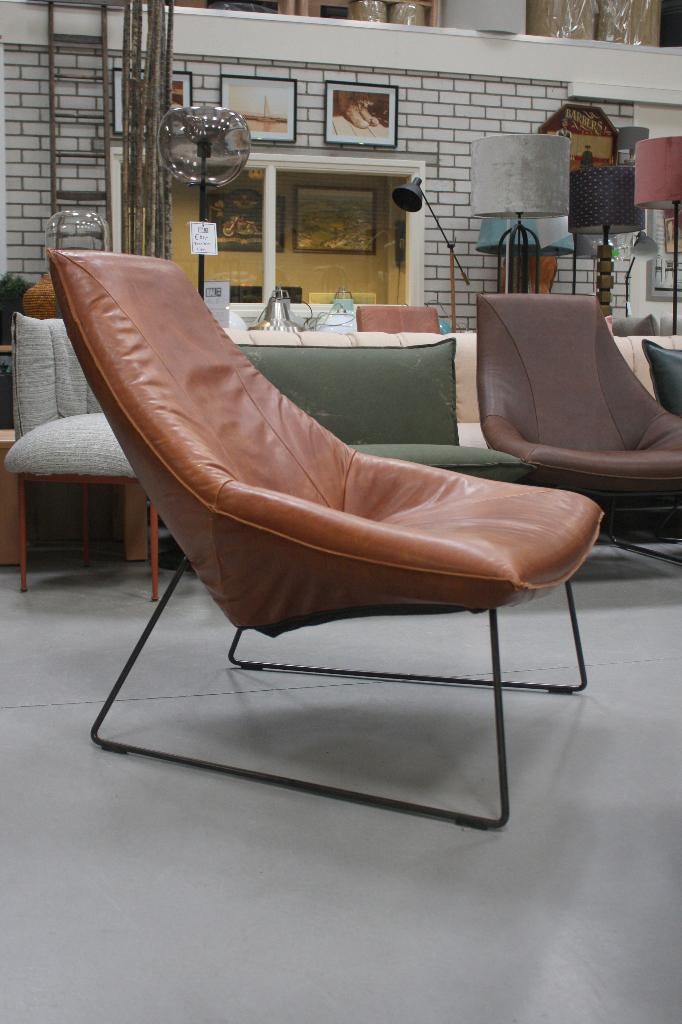 Gave fauteuil BEAL Jess design metaal leer bruin vintage, Ophalen, Gebruikt, 75 tot 100 cm, Leer