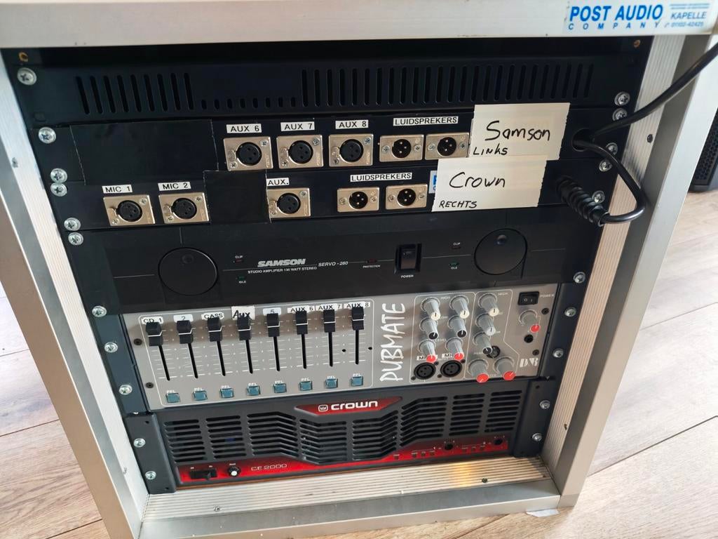 Complete PA-set: 2 versterkers, 2 speaker sets, 1 mixer, Gebruikt, 120 watt of meer, Stereo, Ophalen