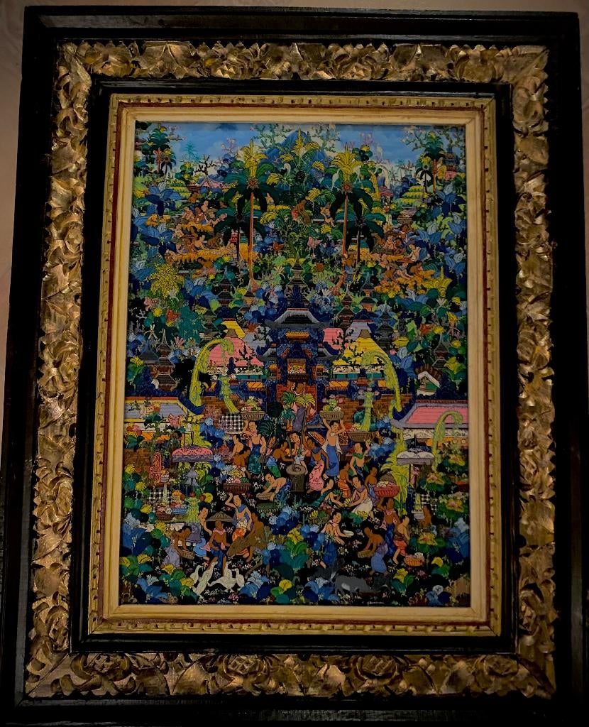 Kleurrijk schilderij Balinese/Indonesische met veel details., Antiek en Kunst, Kunst | Schilderijen | Klassiek, Ophalen of Verzenden