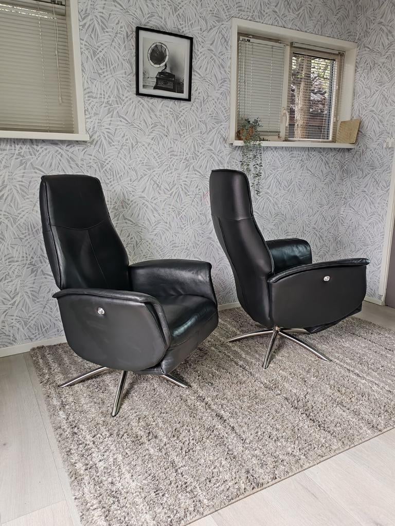 2 zwarte  relax fauteuils van Hjort Knudsen, Huis en Inrichting, Hjort Knudsen, Ophalen of Verzenden, Zo goed als nieuw, Leer